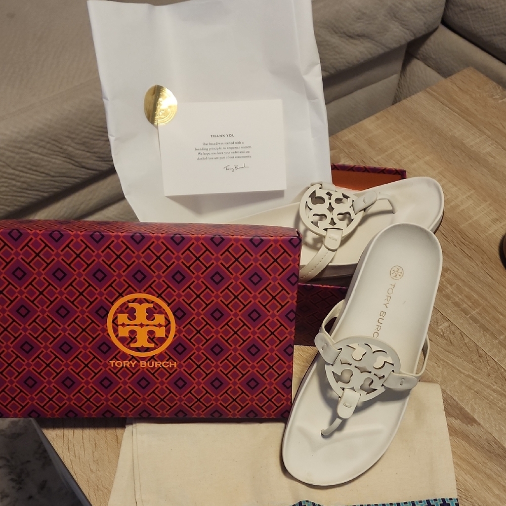 Tory Burch Ivory Sandals with Logo Accent
